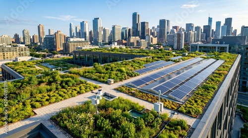 Aerial view of extensive green roof with integrated solar panel arrays on modern building surrounded by urban skyscrapers showcasing sustainable architecture and renewable energy
