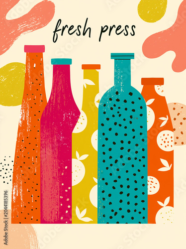 colorful juice bottles in a playful abstract composition