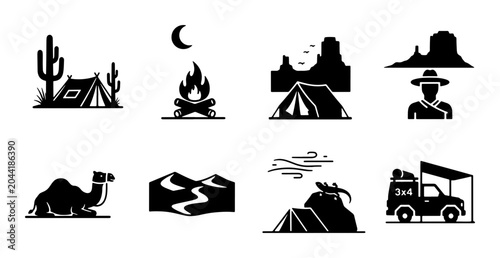 Schilderij op canvas Desert Camping Icons Set: Silhouette Vector Graphics for Adventure, Travel, and