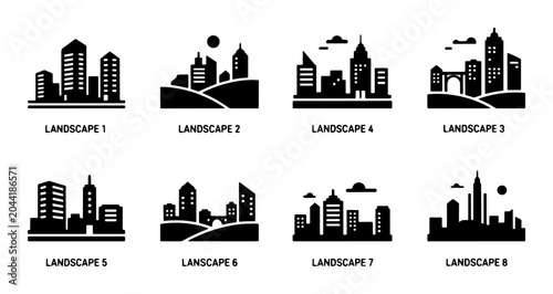 Konstfotografi Cityscape Vector Icons, Urban Skyline Silhouettes, Modern Architecture Collectio