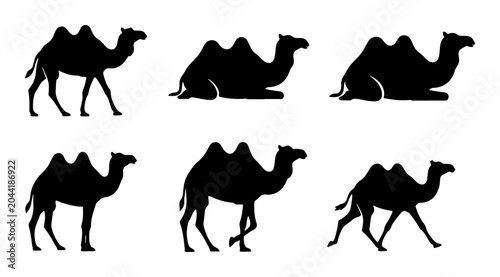 Photos Camel Silhouettes Collection, Six Diverse Poses Vector Set, Desert Animal Icons