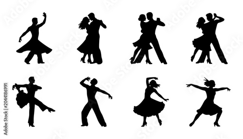 Tableau sur toile Ballroom Dance Silhouettes, Elegant Couples Dancing Vector Icons, Dynamic Poses