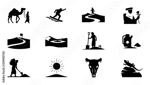Schilderij op canvas Desert Life Icons Set: Camel Caravan, Sandboarding, Oasis, Nomad, Sun, Skull, Li