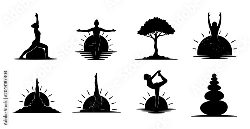 Photography Yoga Poses and Wellness Icons Set, Silhouette Figures in Meditation and Balance,
