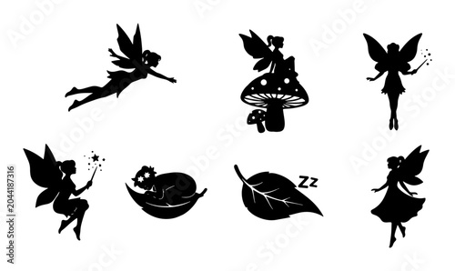 Obraz na płótnie Black Silhouette Fairies and Woodland Elements Vector Set: Enchanted Magical Cre