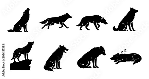 Fotografi Wolf Silhouettes Collection, Wild Animal Poses Vector Set, Canine Wildlife Icons