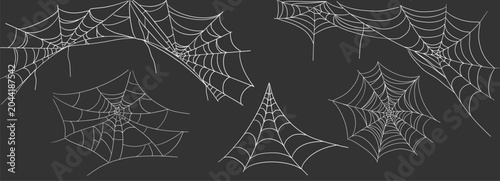 Canvastavla Gothic web silhouettes, border for decoration, creepy web hanging set on dark background
