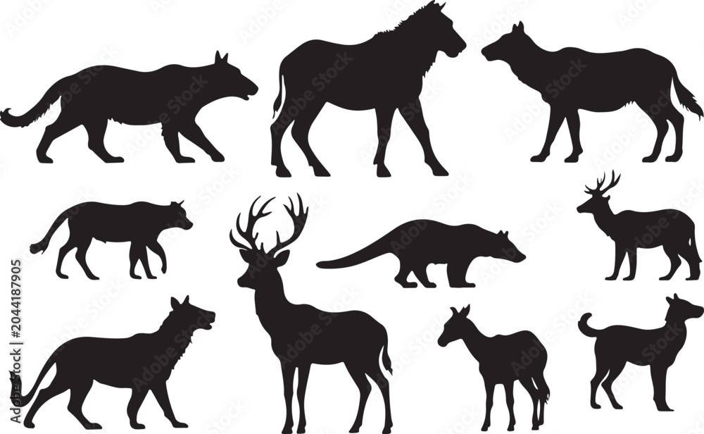 Fototapeta premium Set of wild animal silhouettes including wolves deer and mythological beast representations.