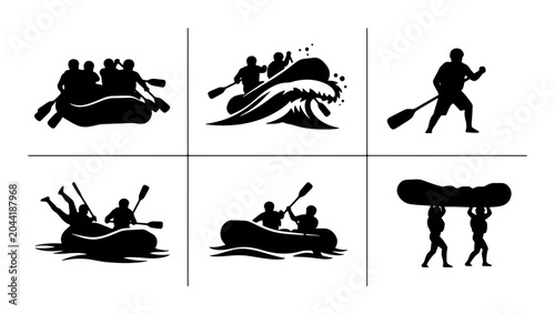 Fotografía Rafting Vector Icons Set: Whitewater Adventure Silhouettes, Extreme Sports Actio