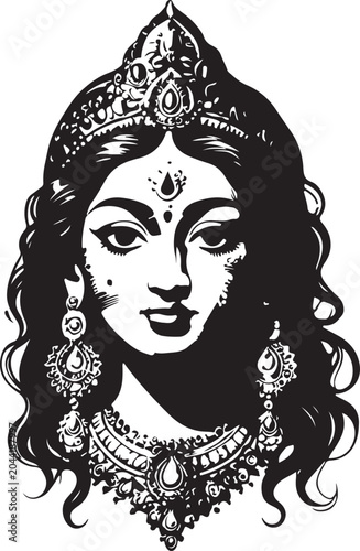Schilderij op canvas Elegant goddess portrait with ornate headdress and jewelry black and white