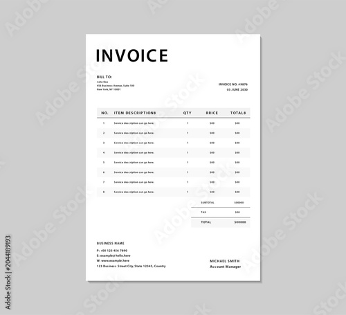 Minimal invoice template. Clean professional business billing layout, Business receipt and order bill statement