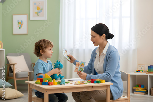 Child learning emotions with therapist using cards