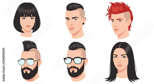 Set of diverse male and female avatars showcasing various modern hairstyles, facial hair styles, and fashionable accessories.