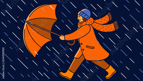 Obraz na płótnie A vector illustration depicting a person with an umbrella walking in a rainstorm