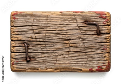 Weathered wooden plank with rusty nails isolated on white background