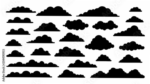 Quadro em tela A collection of black cloud silhouettes arranged against a white background form