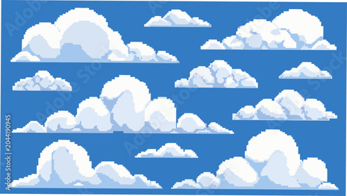 Canvastavla A collection of white pixelated clouds against a bright blue background a digita