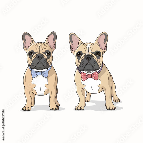 Two Cute French Bulldog Puppies Wearing Bow Ties Hand Drawn Illustration on White