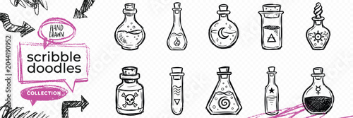 Bild auf Leinwand Black solid silhouette doodle vector set of alchemy symbols magic potions esoter