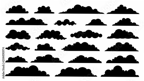 Schilderij op canvas Collection of black cloud silhouettes arranged on a white background depicting v