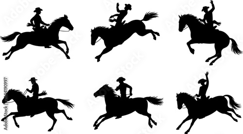 Bild auf Leinwand Set of Dynamic Cowboy Silhouettes Riding Horses in Various Actions Including Bucking and Galloping Isolated on White Background image_113865