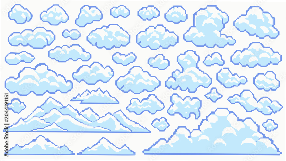 Fototapeta premium Pixelated clouds and mountain range a vector illustration with a light blue color palette on a white background 8 bit atmospheric azure