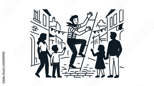 Cuadro en lienzo A mime artist performing on a ladder for a group of onlookers in a city street