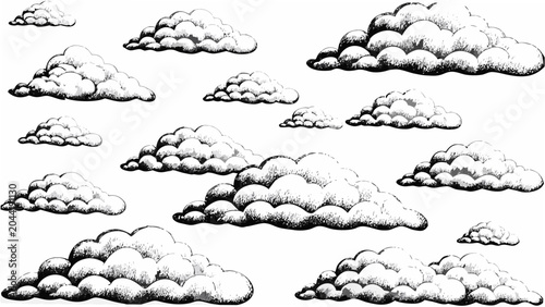 Bild auf Leinwand A collection of cumulus clouds depicted in a black and white vector illustration