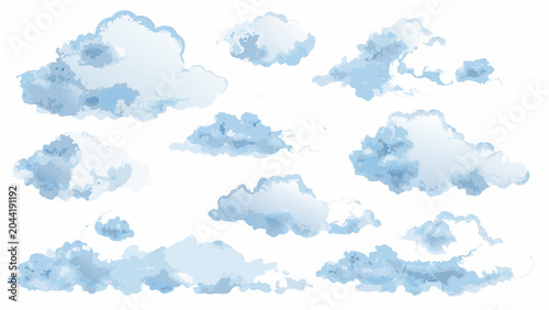 Canvastavla A collection of fluffy white clouds depicted in a watercolor style against a tra