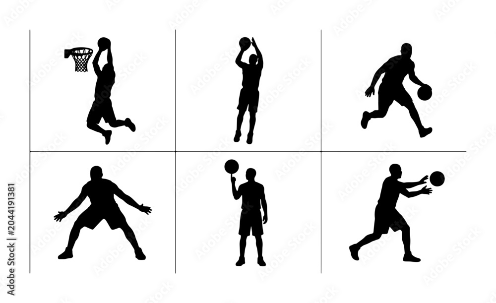 Fototapeta premium Basketball Player Silhouettes, Dynamic Action Poses, Sports Vector Icons, Graphic Elements for Athletic Design