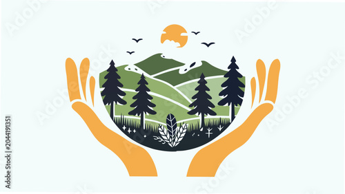 Canvastavla Hands Cupping A Miniature Landscape A Flat Vector Illustration With Green And Ye