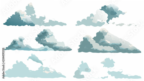 Fotografie A collection of eight stylized cloud formations rendered as a vector illustratio