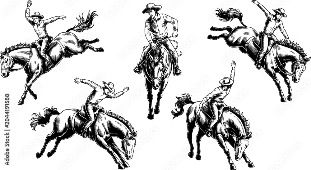 Fototapeta premium Vintage hand-drawn style black and white engraving illustration of cowboys performing rodeo bull riding stunts on horses from image_039cfb.jpg.