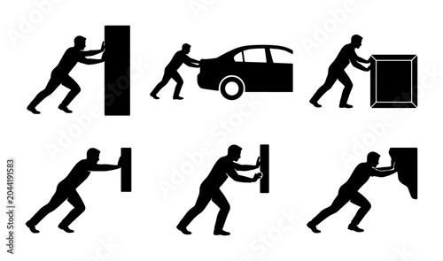 Foto Pushing Action Icons, Force and Motion Vector Graphics, Manual Labor and Effort