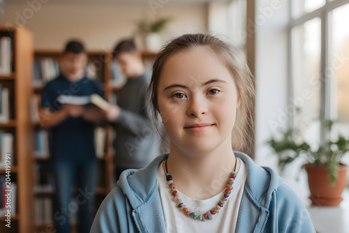 Young woman with down syndrome smiling in library
