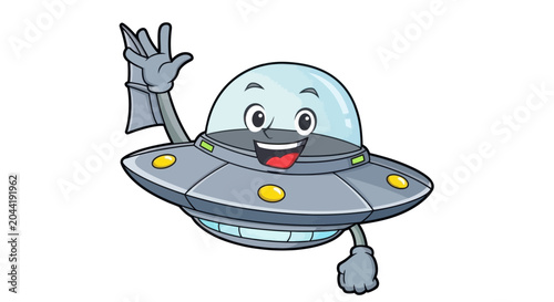 Foto Friendly Cartoon UFO Waving Hello, Cute Alien Spaceship Illustration