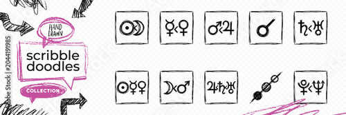 Foto Black solid silhouette doodle vector set of alchemy symbols magic potions esoter