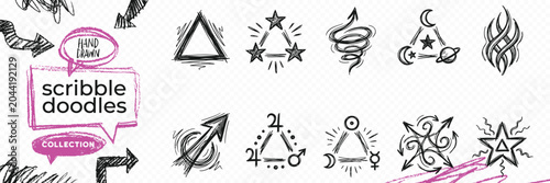 Foto Black solid silhouette doodle vector set of alchemy symbols magic potions esoter