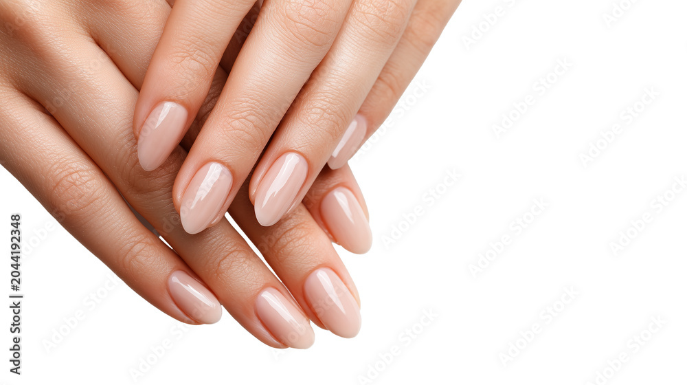 Fototapeta premium Close-up of female hands with professional elegant nude manicure isolated on white background.