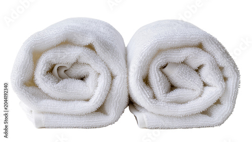 Canvas Print Two fluffy white rolled towels close up
