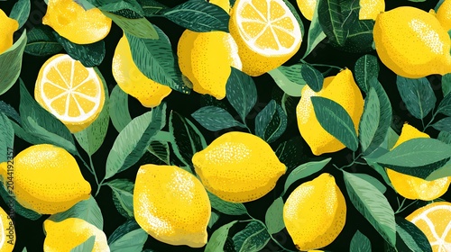 Tropical seamless pattern with yellow lemons. Fruit repeated background. Vector bright print for fabric or wallpaper.
