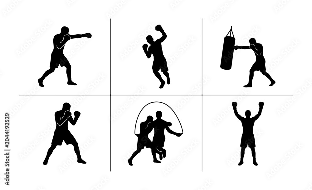 Fototapeta premium Boxing Silhouettes, 6 Action Poses Vector Set: Punching, Training, Jump Rope, Victory Celebration, Punching Bag, Sport Fitness Icons