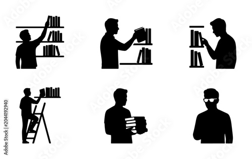 Foto Library Silhouette Icons, Book Collection Graphics, Reading Person Vector Set, K