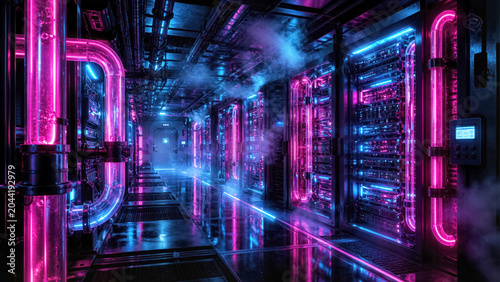 Cyberpunk aesthetic server room interior with intense pink and blue neon liquid cooling lines and industrial steam