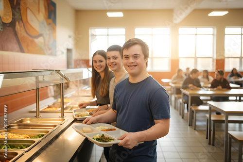 Happy students with down syndrome choosing school lunch