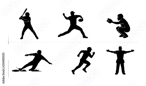 Obraz na płótnie Baseball Player Silhouettes, Dynamic Action Poses Vector Set: Batter, Pitcher, C