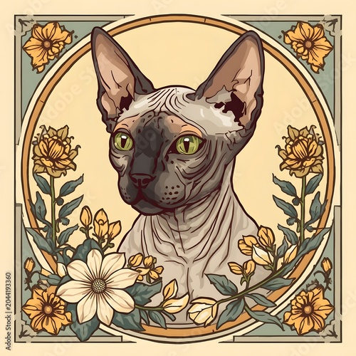 Sphynx Cat in Floral Ornate Frame.