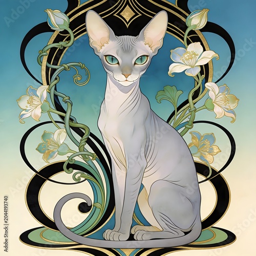 Sphynx Cat Sitting in Floral Ornate.