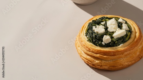 Freshly baked spinach and feta cheese puff pastry danish on a light beige surface