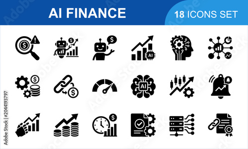 AI Finance Icon Set. Artificial intelligence technology for banking investment data growth business automation software digital web symbol package. vector black icons collection